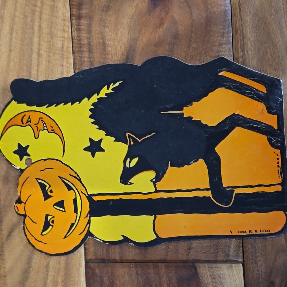 Vintage H.E. Luhrs Die-Cut USA Cardboard Halloween Decor Cat  Witch‎ Pumpkin - Picture 9 of 16